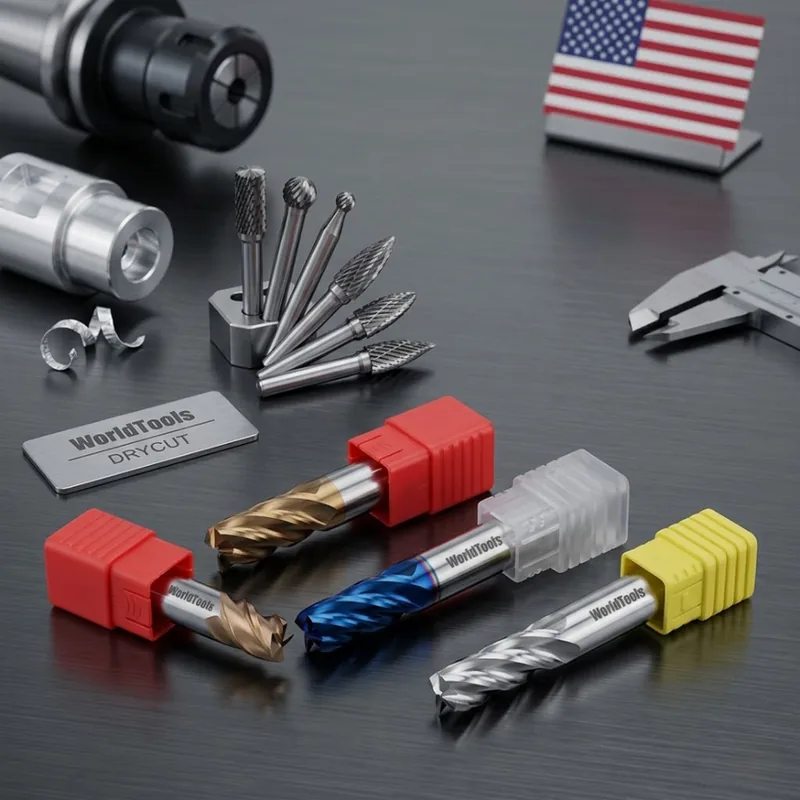 Fresas, brocas e limas rotativas de metal duro Dry Cut sobre a bancada, com a bandeira dos Estados Unidos ao fundo