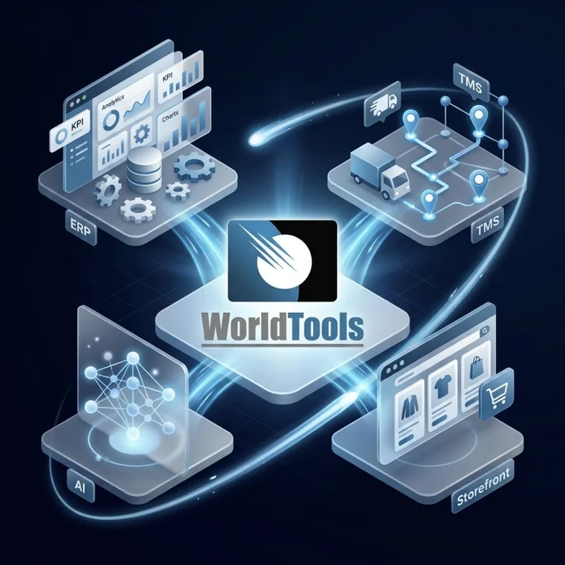 Ecossistema de tecnologia própria da World Tools: ERP, TMS, CRM e storefront integrados em torno da marca
