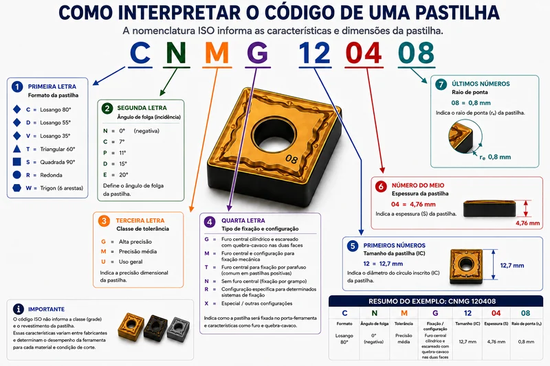 Infográfico decompondo o código CNMG 120408: C de losango 80 graus, N de ângulo de folga 0 grau, M de precisão média, G de furo central com quebra-cavacos nas duas faces, 12 de 12,7 mm de tamanho, 04 de 4,76 mm de espessura e 08 de 0,8 mm de raio de ponta