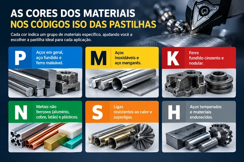 Tabela das cores ISO das pastilhas: P azul para aços, M amarelo para inoxidáveis, K vermelho para ferro fundido, N verde para não ferrosos, S laranja para superligas e H cinza para aços temperados