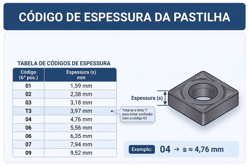 Tabela de códigos de espessura da pastilha, do 01 com 1,59 mm ao 09 com 9,52 mm, com destaque para o código T3 de 3,97 mm e o exemplo 04 igual a 4,76 mm