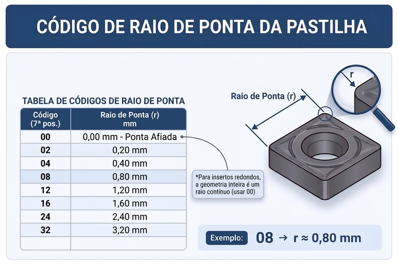 Tabela de códigos de raio de ponta, de 00 para ponta afiada até 32 com 3,20 mm, com o exemplo 08 igual a 0,80 mm e a ilustração do raio no vértice da pastilha